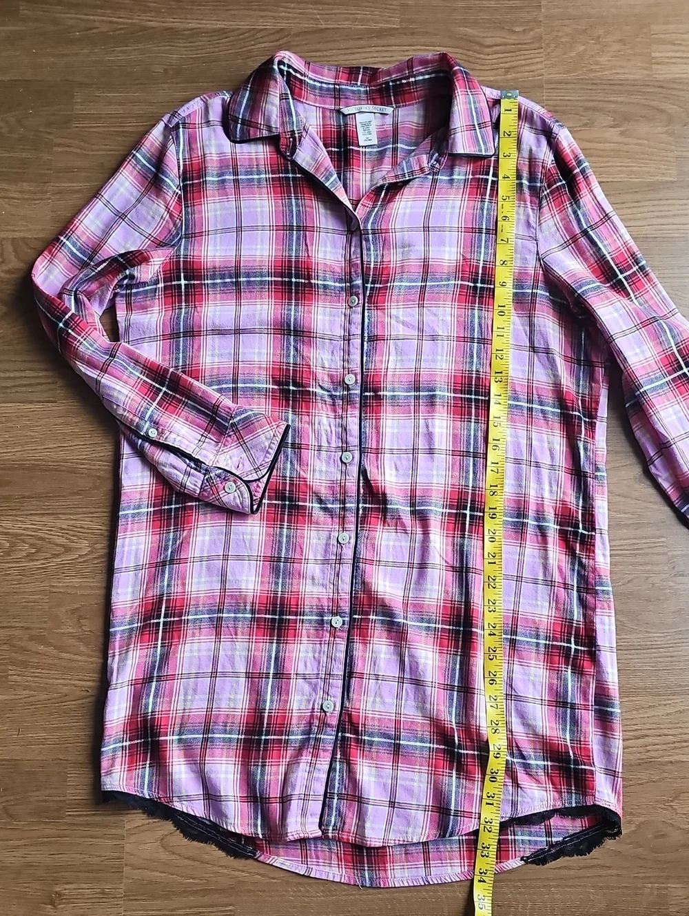 Victoria's Secret Long Slv Button Front Pink Red Plaid Flannel Sleep Dress Med